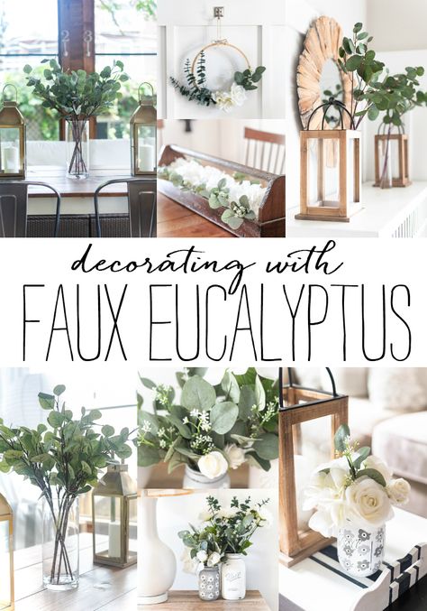 How To Decorate With Eucalyptus, How To Style Eucalyptus In Vase, Decorate With Eucalyptus Branches, Eucalyptus Mirror Decor, How To Add Greenery To Home, Living Room Decor Greenery, Eucalyptus Ideas Decor, Mirror With Eucalyptus, Adding Greenery To Kitchen