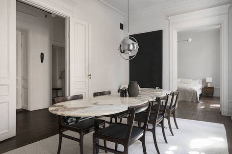 Stockholm Apartment, Coco Lapine Design, Mid Century Modern Scandinavian, Hardwood Floors Dark, Dark Floors, Century Home, Turn Of The Century, Dining Room Inspiration, Iconic Design