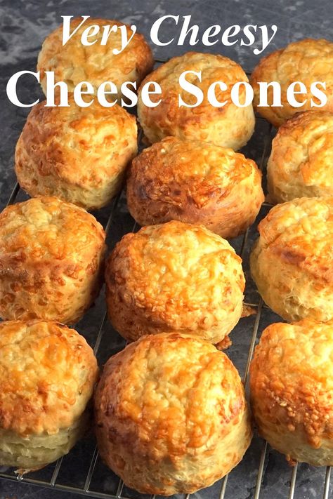 A dozen cheese scones on a cooling rack Best Cheese Scones Recipe, Cheese Scones Recipe Easy, Cheesy Dishes, Cheese Scones Recipe, Sweet Scones Recipe, Cheesy Scones, Sour Cream Scones, Date Scones, Basic Scones