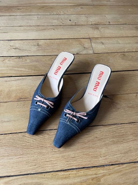 Denim Footwear, Miu Miu Elegant Low Heels, Vintage Miu Miu Heels, Chic Luxury Miu Miu Heels, Chic Miu Miu Luxury Heels, Chic Miu Miu Heels With 4-inch Heel, Miu Miu Heels, Heels Aesthetic, Miu Miu Shoes