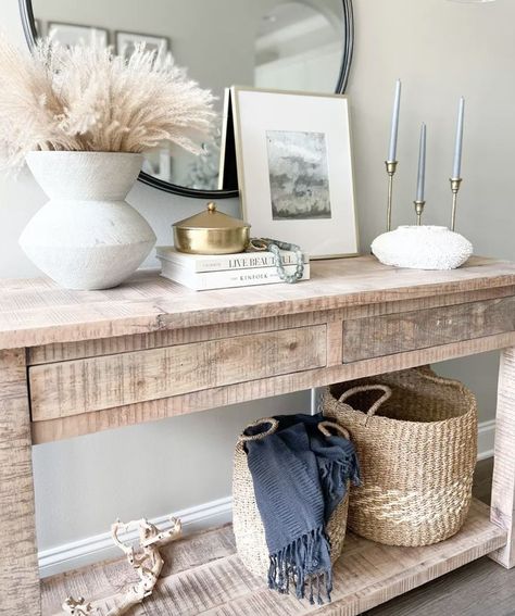 Coastal Entryway Ideas, Style An Entryway, Coastal Foyer, Entryway Styling, Coastal Entryway, Faux Stems, Entryway Style, Dark Wood Table, Entry Table Decor