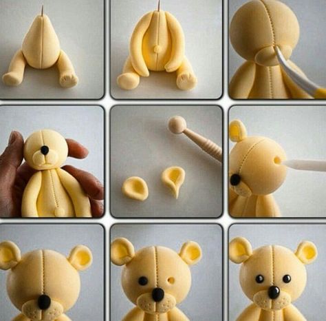 Fondant Bear, Kue Fondant, Diy Fondant, Idee Babyshower, Teddy Bear Cakes, Fondant Animals, Cake Topper Tutorial, Fondant Cake Toppers, Fondant Tutorial