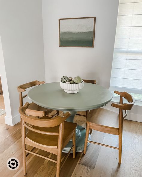 Olive Green Round Dining Table, Green Table And Chairs, Green Painted Kitchen Table, Ingo Table Makeover, Breakfast Room Table, Painted Breakfast Table, Circle Table Breakfast Nook, Coloured Dining Table, Sage Green Kitchen Table