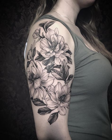 Magnolia flower tattoo Magnolia Flower Tattoo, Botanical Tattoo Sleeve, Bloom Tattoo, Plant Tattoos, Shoulder Tats, Magnolia Tattoo, Quarter Sleeve Tattoos, Feminine Tattoo Sleeves, Flower Tattoo Back