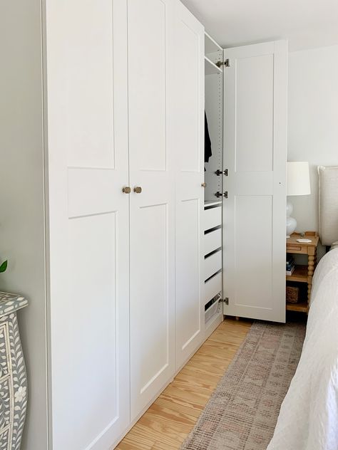 How (And Why!) We Fit A King-Size Bed Into Our Smaller Bedroom | Young House Love Small Bedrooms With Wardrobes, Built In Wardrobe Next To Bed, Small Bedroom King Bed Layout Storage, Closet Beside Bed, Built In Closet Small Bedroom, Small Closet Interior, Pax Wardrobe In Bedroom, Wardrobe On Both Sides Of Bed, Built In Closet For Small Bedroom