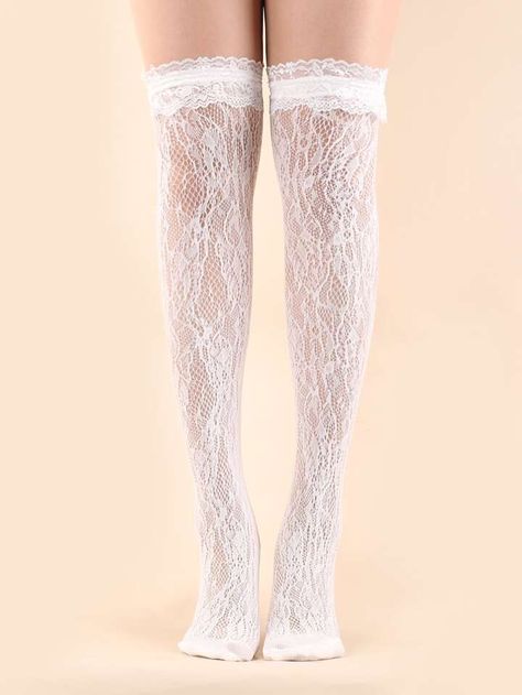 White Lace Thigh Highs, White Lace Knee High Socks, White Lace Socks, Core Fashion, Lace Stockings, Matching Costumes, Doll Aesthetic, Lace Socks, Over The Knee Socks