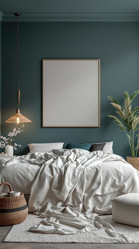 Dark Teal Bedroom Dark Teal Wall Bedroom, Dark Teal Bedding Color Combinations, Modern Teal Bedroom, Bedroom Teal Walls, Teal Walls Bedroom, Dark Teal Accent Wall, Dark Teal Bedding, Deep Teal Bedroom, Dark Teal Paint Color