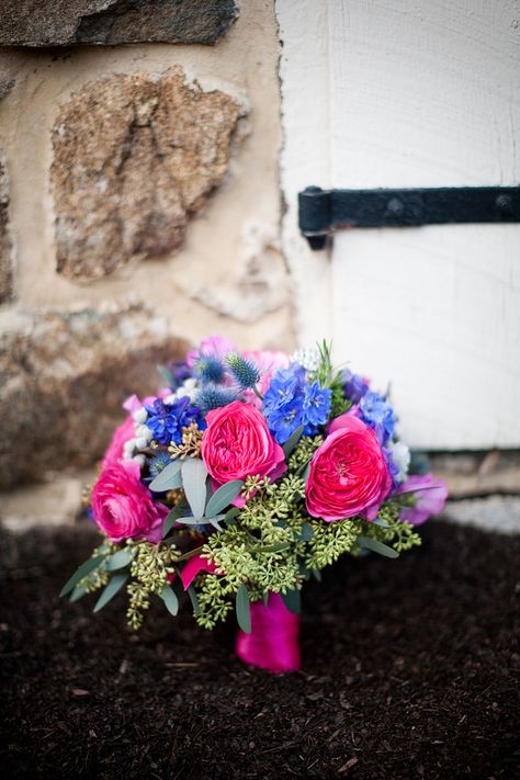 Bright-Pink-and-Blue-Wedding-Bouquet Hot Pink Bouquet, Editorial Bridal Shoot, Prom Flowers Bouquet, Fuschia Wedding, Homecoming Flowers, Winter Bridal Bouquets, Prom Bouquet, Were Getting Married, Pink Flower Arrangements