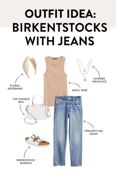 Jeans with Birkenstock Sandals Mom Jeans And Birkenstocks Outfit, Jeans And Birkenstocks Outfits, White Birkenstock Outfit, Birkenstocks Outfits, Birkenstock Fashion, Mom Jeans Outfit Summer, Forties Fashion, Trendy Mom Outfits, Casual Mom Style