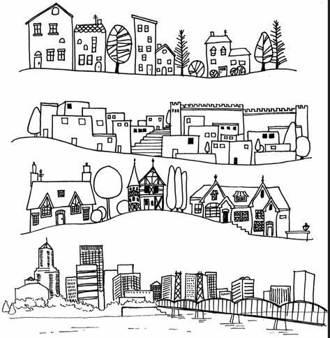 Doodle Houses Buildings, Town Sketch Simple, City Line Art Illustration, Row Of Houses Drawing, Doodle Houses Drawing, Buildings Drawing Simple, How To Draw Houses, Town Drawing Simple, Architectural Doodle