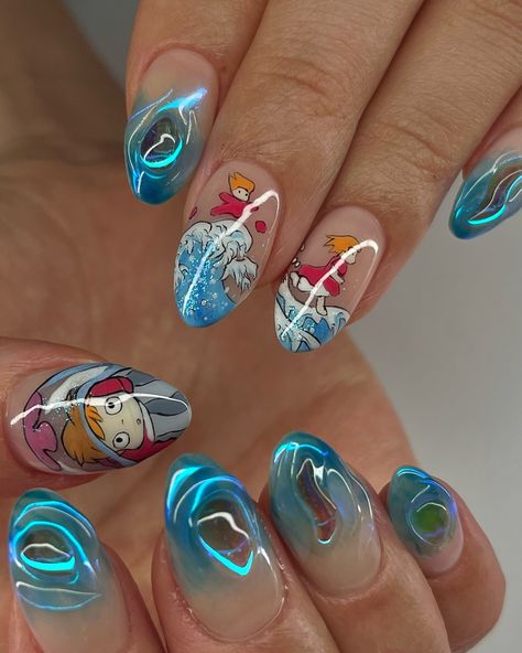 Ponyo 🌊🧡 Ponyo waves inspired by @inspiratiq… | Instagram Nails Inspiration Blue, Nail Design Blue, Spring Nail Design, Fake Nails Designs, Anime Nails, Classy Acrylic Nails, Pretty Gel Nails, Really Cute Nails, Blue Nail