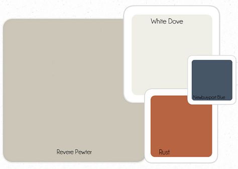 Transitional Paint Colors. Benjamin Moore Revere Pewter. Benjamin Moore White Dove. Benjamin Moore Newburyport Blue. Benjamin Moore Rust. #Transitional #paintColor Linda Holt Interiors Grey Navy Rust Living Room, Playroom Colors, Newburyport Blue, Southwest Kitchen, David Bromstad, Pewter Paint, Kitchen Colour Combination, Dove White, Choosing Paint Colours