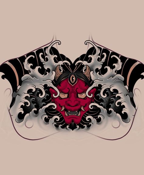 Oni Neck Tattoo, Samurai Mask Chest Tattoo, Hanya Mask Back Tattoo, ရင်ဘတ် Tattoo, Yakuza Chest Tattoo, ရင်ဘက် Tattoo, Japanese Chest Tattoo Design, Japanese Stomach Tattoo, Oni Tattoo Design