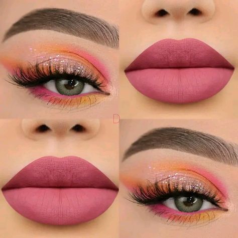 Flamingo Inspired Makeup, Miami Makeup Looks, Hawaii Makeup Look, Pink Orange Eyeshadow, Orange Pink Makeup, Orange And Pink Makeup, Tropical Makeup Look, Pink And Orange Makeup, Sunset Makeup Looks