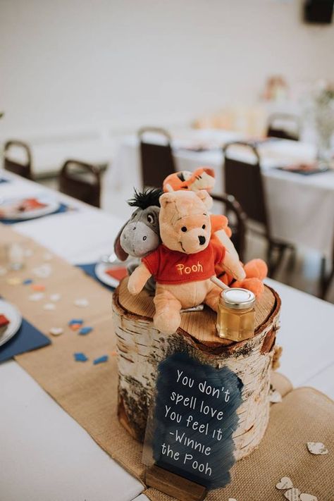 Disney Centrepiece Wedding, Disney Themed Table Decorations, Fall Disney Wedding Ideas, Winnie The Pooh Themed Wedding, Winnie The Pooh Wedding Theme, Subtle Disney Wedding Centerpieces, Disney Wedding Tables, Disney Wedding Details, Disney Themed Centerpieces