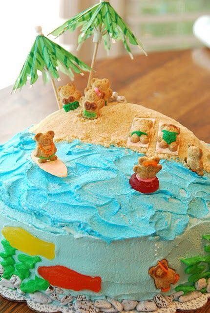 Beach Birthday Cake, Cake Raspberry, Pool Cake, Beach Themed Cakes, Blue Jello, Beach Cake, Splash Party, Teddy Grahams, Summer Cake