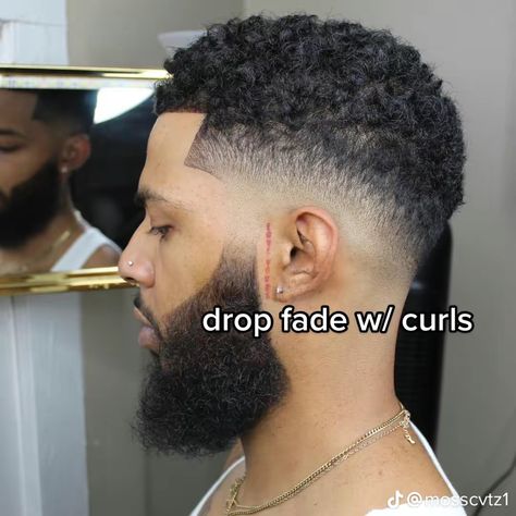 Curly Drop Fade Men, Mixed Mens Haircut, Burst Fade With Beard, Black Man Curly Haircut, Faded Haircut For Men Curly Hair, Black Hair Cuts Men Fade, Drop Fade With Curls, Black Men Curly Hair Fade, Mid Drop Fade Curly Hair