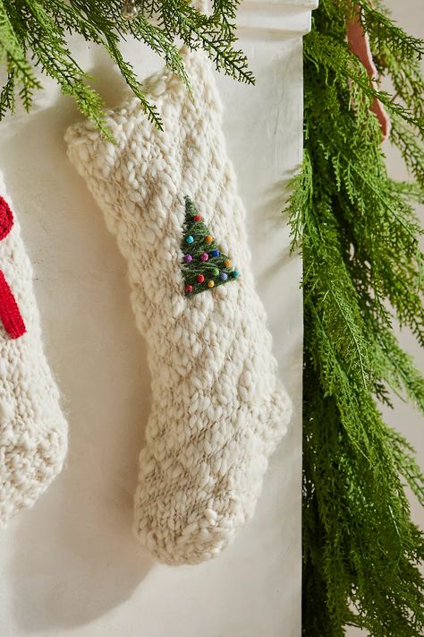 Chunky Knit Holiday Icon Stocking | AnthroLiving Traditional Stockings Christmas, Handmade Stockings Christmas, Aesthetic Christmas Stocking, Knitted Stocking Pattern, Handmade Christmas Stocking, Knit Stockings Christmas, Knit Stocking Pattern, Chunky Knit Stocking, Christmas Stocking Knitting Pattern