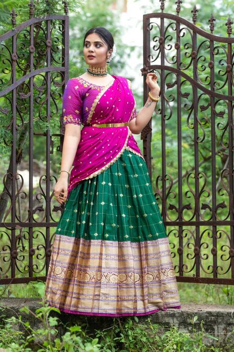 Purple Half Saree, Simple Lehenga, Half Saree Lehenga, Traditional Indian Dress, Long Gown Dress, Half Saree Designs, Elegant Blouse Designs, Ethnic Looks, Indian Dress