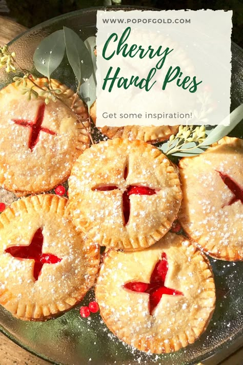 These cherry hand pies are so cute for the holidays! I wanted to show you how to make them because they are so quick and easy! I can't really say this is a recipe, more like instructions. Mainly because there are only 2 ingredients, pre-made pie crust and pre-made cherry pie filling. Ha! "Pre-made" is where the quick and easy comes in. #recipe #cherrypierecipe #handpies Christmas Tree Cherry Hand Pies, Cherry Pie Individual, Baked Cherry Hand Pies, Baked Hand Pies Recipes Fruit, Cherry Hand Pies With Pie Crust, Small Cherry Pies, Cherry Pie Tarts, Hand Pie Mold Recipes, Refrigerator Pie Crust Ideas