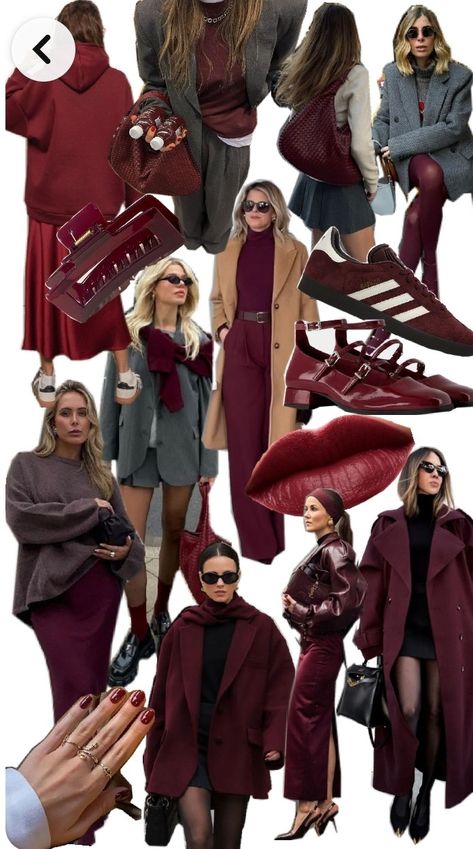 Wine Color Palette Outfit, Burgundy Jacket Outfit Winter, Colors That Go With Burgundy Clothes, Burgundy Fashion 2024, Colours That Go With Burgundy, Jewel Tone Outfits Fall, Maroon Monochromatic Outfit, Maroon And Brown Outfit, Burgundy Trench Coat Outfit