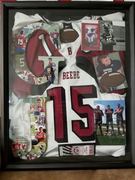 Senior High football shadow box. It is a collection of memiors from my son's football career. Jersey Shadow Box Ideas, Shadow Box Jersey, Cheer Decor, Sports Shadow Boxes, Sports Pictures Display, Scrabble Gifts, Senior Night Posters, Shadow Box Ideas, Football Banquet