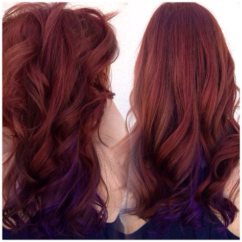 Red copper hair. Violet underneath. Red Hair Purple Underneath, Red Hair With Purple Underneath, Copper Underlights, Copper Hair With Dark Roots Red Ombre, Copper And Purple Hair, Copper Hair Red, Purple Underneath Hair, Ginger Hairstyles, Red Copper Hair