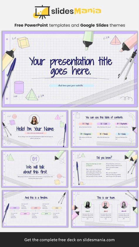 Ready to dive into geometry and volume? This template is perfect for this type of Math. Paper like backgrounds, highlighters, pen, ruler and a compass are featured in this free theme, along with some geometric shapes and their formulas for volume. If you wish to use this template for other subject rather than geometry, you can delete the shapes and formulas and simply use its school backgrounds. Maths Ppt Template, Math Presentation Template, Math Template Powerpoint, Math Ppt Template, Math Presentation Background, Power Point Presentation Ideas Student, Math Ppt Background, Math Powerpoint Templates, Math Presentation