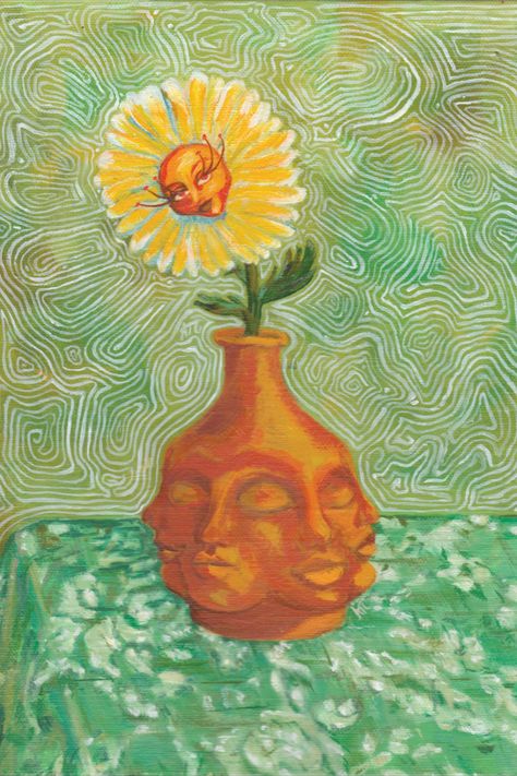 painting of a flower with a face coyly smiling Flower Power Movement, Weird Flowers Drawing, Flower People Art, Floral Surrealism, Flower Surrealism, Surrealism Flowers, Aesthetic Abstract Art, Surreal Flowers, Feminine Flowers