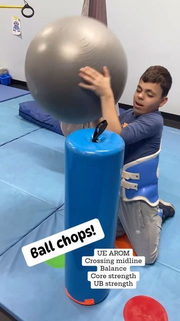 More Than A Gym on Instagram: "Ball chops with bolster for visual cue to facilitate full range of motion! Activity addresses: UE AROM and strength Crossing midline Balance Core strength #morethanagym #sensorygym #pediatricpt #pediatricot #pediatricoccupationaltherapy #pediatricoccupationaltherapist #pediatricphysicaltherapy #upperbodyworkout #upperbody #coreworkout #corestrength #ballchops" Pediatric Gross Motor Activities, Preschool Core Strength Activities, Core Activities Occupational Therapy, Pediatric Balance Activities, Midline Crossing Activities, School Based Therapy, Pediatric Physical Therapy Activities, Physical Therapy Assistant, Occupational Therapy Kids