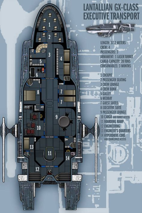 Lantallian GX-Class Exec. Transport by boomerangmouth Spaceship Floor Plan, Spaceship Layout, Star Citizen Ships, Sci Fi Rpg, Ship Map, Spaceship Interior, Star Wars Spaceships, Space Ship Concept Art, Starship Concept