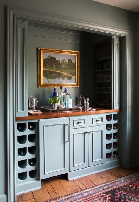 Traditional Wet Bar, Pantry Turned Into Bar, Bar In Library, Built In Bar Shelves, Closet Bar Conversion, Vintage Wet Bar, English Butlers Pantry, Masculine Wet Bar, Bar Color Ideas