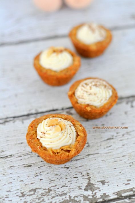 Carrot Cake Cookie Cups Carrot Cake Cups, Carrot Cake Cookie, Easter Carrot Cake, Cake Cups, Carrot Cake Cookies, Mini Treats, Fall Foods, Cake Cookie, Cookie Cups