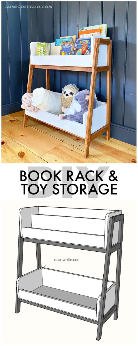 A DIY tutorial to build a book rack and toy storage unit. Make this generous sized open access shelf for lots of books and toys. Diy Kids Book Storage, Diy Book Rack, Wood Toy Storage, Toddler Bookcase, Barnwood Projects, Cardboard Ideas, Toy Storage Units, Diy Montessori Toys, Kids Book Storage