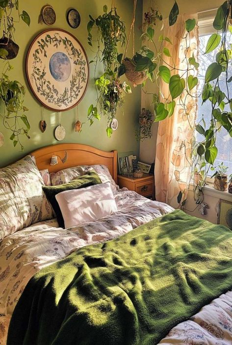 25+ Green Witch Bedroom Aesthetic Inspirations Straight from the Witch's Grimoire #bohobedroom Green Witch Bedroom Ideas, Witch Inspired Bedroom, Cottage Witch Home Aesthetic, Green Cottage Bedroom Ideas, Cozy Witch Cottage, Bedroom Decor Whimsical, Mystical Home Aesthetic, Witchy Cottagecore Bedroom, Mystic Bedroom Ideas