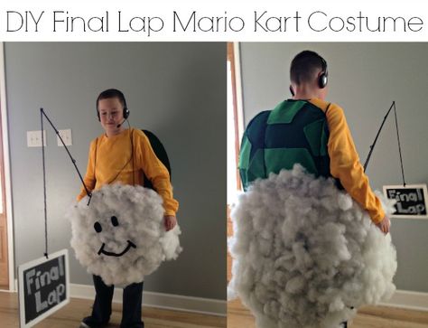 DIY Final Lap Mario Kart Costume #DIY #Halloween - Easy costume to make, and so much fun! Final Lap Mario Kart, No Sew Halloween Costumes, Mario Kart Costumes, Mario Diy, Super Easy Halloween Costumes, Sew Halloween, Mario Kart Characters, Super Mario Costumes, Mario Kart Party