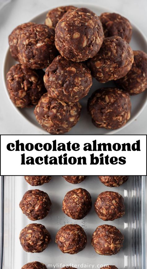 These delicious Chocolate Almond Lactation Bites are the perfect snack for nursing moms who are looking for a delicious, no-bake, dairy-free and vegan energy-boosting treat! Each bite is packed with healthy ingredients like brewers yeast, cocoa powder and oats that help to support healthy milk production, while being incredibly easy to make! With this recipe, you can enjoy a sweet, chocolatey snack without having to worry about compromising your dietary preferences. Dairy Free Snacks Breastfeeding, Vegan Lactation Recipes, Lactation Recipes With Brewers Yeast, Healthy Lactation Snacks, Brewers Yeast Recipes, Postpartum Snacks, Dairy Free Lactation Cookies, Lactation Bites, Lactation Snacks