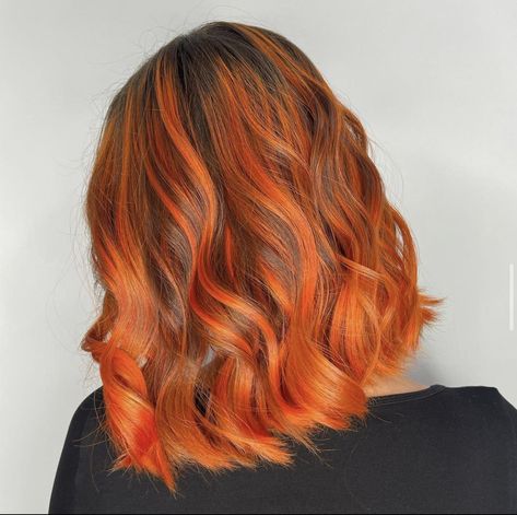 Neon orange copper balayage Red To Orange Balayage Hair, Bright Orange Balayage, Neon Orange Balayage, Brunette Orange Balayage, Copper Orange Balayage, Orange Brown Balayage, Red Hair Orange Tips, Balayage Orange Hair, Orange Hair Balayage