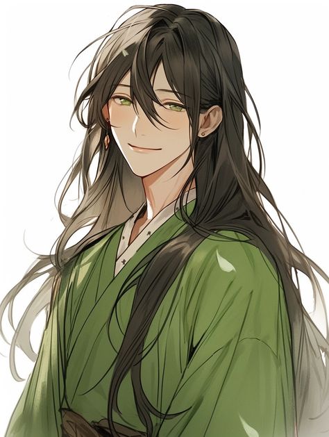 Green Eye Anime Guy, Male With Long Hair Art, Long Hair Guy Anime, Anime Man Long Black Hair, Male Character Long Hair, Long Haired Anime Boy, Anime Long Hair Guy, Boy With Long Hair Drawing, Long Haired Anime Guys