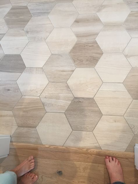 Trendy Bathroom Floor Tile, Pergo Luxury Vinyl Flooring, Modern Boho Bathroom Floor Tile, Wood Look Hexagon Tile Floor, Wood And Tile Kitchen Floor, Dark Wood And Tile Flooring Transition, Oak Wood Bathroom Ideas, Home Sample Board, Kitchen Tile Next To Wood Floor