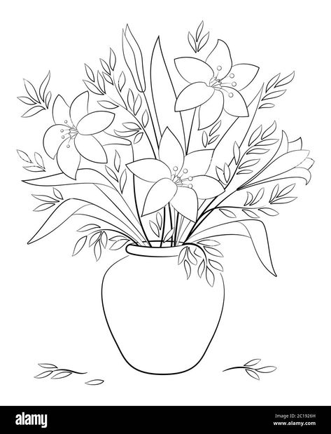 Flower Vase Drawing, Flower Bouquet Drawing, Flower Vase Design, Lilies Drawing, Lilies Flowers, Line Art Flowers, Boho Art Drawings, Flower Outline, Flowers In A Vase