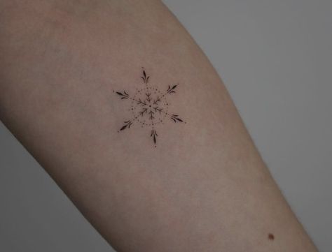 Sun Snowflake Tattoo, Tiny Tattoos Snowflake, Snowflake Moon Tattoo, Snowflake Fine Line Tattoo, Small Snowflake Tattoo Wrist Snow Flake, Snow Flake Tattoo, Star Tattoos, Compass Tattoo, Leaf Tattoos