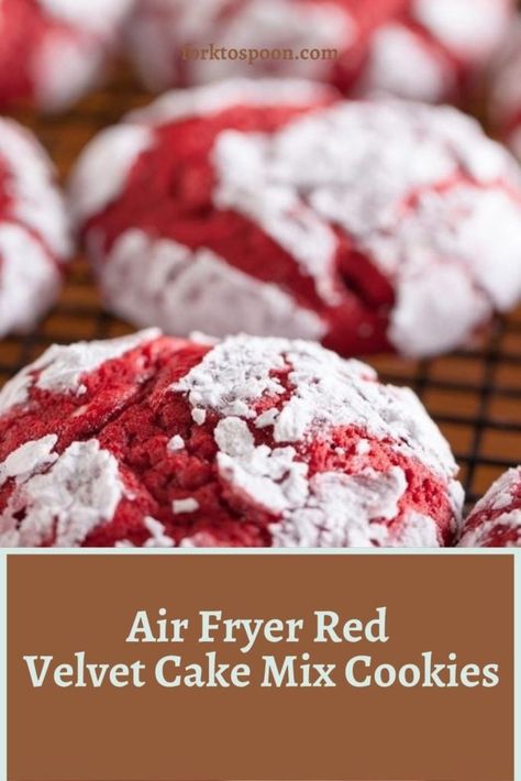 AIR FRYER RED VELVET CAKE MIX COOKIES Box Mix Cookies, Cookies In Air Fryer, Air Fryer Cake, Red Velvet Cake Mix Cookies, Cake Box Cookies, Fried Dessert, Red Velvet Recipes, Red Velvet Cake Mix, Molten Lava Cakes