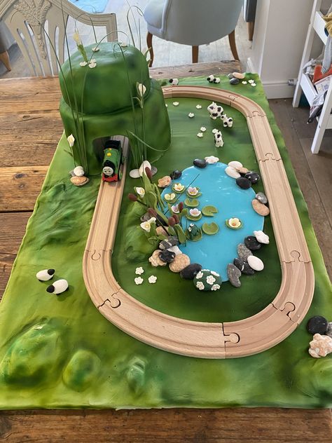 #traincake #birthdaycake #tunnelcake #landscapecake Moving Train, Train Tunnel, Train Cake, Second Birthday, Baby Cake, Poker Table, 3rd Birthday, Birthday Cakes, Birthday Ideas