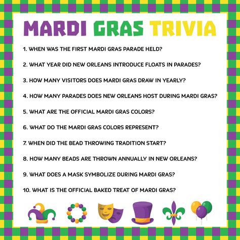 Printable Mardi Gras Trivia Mardi Gras Theme Games, Mardi Gras Party Activities, Classroom Mardi Gras Party, Mardi Gras Lessons For Kids, What Is Mardi Gras, Mardi Gras Trivia, Mardi Gras Activities, School Carnival, Mardi Gras Parade