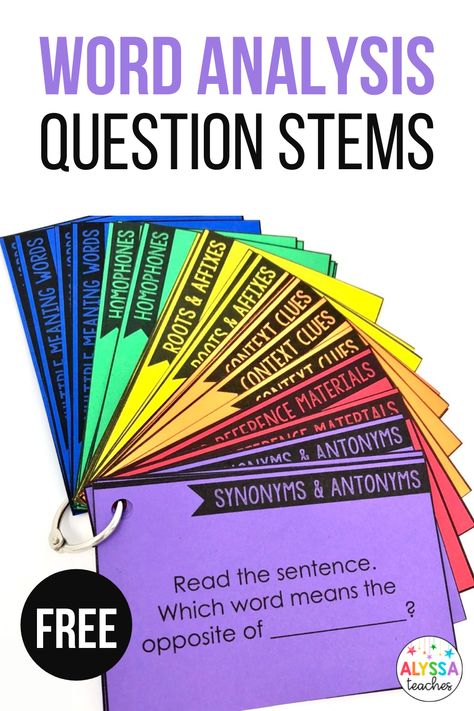 Practicing word analysis strategies is easy with any fiction text, nonfiction text, or poem with these free question stems. Use these to review synonyms and antonyms, context clues, homophones, multiple meaning words, roots and affixes, and word reference materials. These question stems are to great to use for word analysis activities to review vocabulary strategies that students should use while reading. Use all year long or save for SOL test review. SOL 4.4 Ela Centers Upper Elementary, Rti Classroom, Classroom Vocabulary, Homophones Words, Reading Interventionist, Question Stems, Meaning Words, Vocabulary Strategies, Words Vocabulary