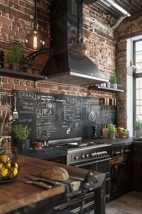 Black Kitchen Brick Wall, Rustic Industrial Home Decor, Brick Style Backsplash Kitchen, Urban Industrial Kitchen, Home Industrial Kitchen, Scandinavian Industrial Kitchen, Feature Wall Kitchen Ideas, Bricked Kitchen, Modern Industrial Decor Kitchen