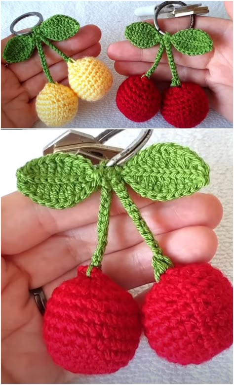 Hi everyone!!! Today you are up to learn how to crochet cherry key-chain easily. We hope you will enjoy and have so much fun. This cherry motif can also be attached on any kind of cloth and adorn your/your babies apparel. The video instruction is so simple and it shows all the information you need during your crafting … Crochet Cherry Keychain Pattern Free, Cherry Crochet, Cherry Keychain, Crochet Cherry, Crochet Ball, Crochet Flowers Easy, Crochet Fruit, Crochet Keychain Pattern, Mode Crochet