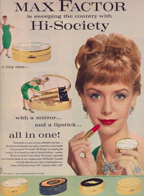 https://flic.kr/p/Hfq8hA | Max Factor High Society 1959 Max Factor Lipstick, 1950s Aesthetic, Vintage Makeup Ads, Beauty Advertising, Makeup Ads, Retro Makeup, Retro Beauty, Lipstick Brands, Beauty Ad