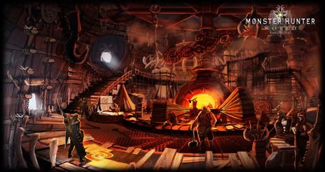 Blacksmith Art - Monster Hunter: World Art Gallery Fantasy Forge Concept Art, World Concept Art, Blacksmith Art, Environment Painting, Fantasy Concept, Monster Hunter World, Fantasy Setting, Fantasy Places, Matte Painting